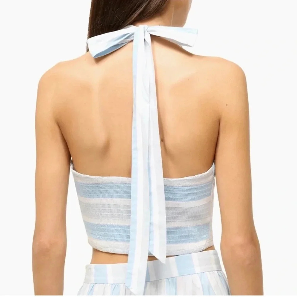 NEW! STUAD Blue & White Striped Halter Crop Beach Y2K Smocked Backless Size M - Picture 2 of 4